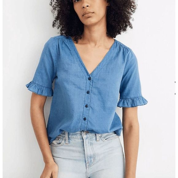 Madewell Village Ruffle-Sleeve Shirt Indigo Lakerock Blouse, Sz Medium, MP $72 - Picture 1 of 9